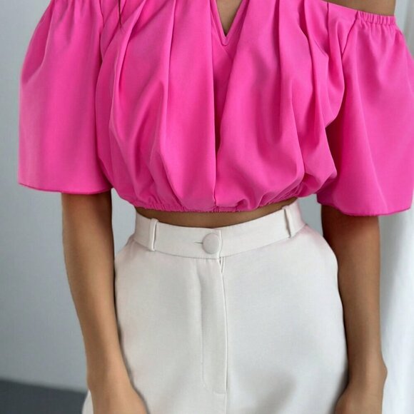 Hot Pink Casual Women's Off Shoulder V-Neckline Waisted Blouse - Picture 3 of 5